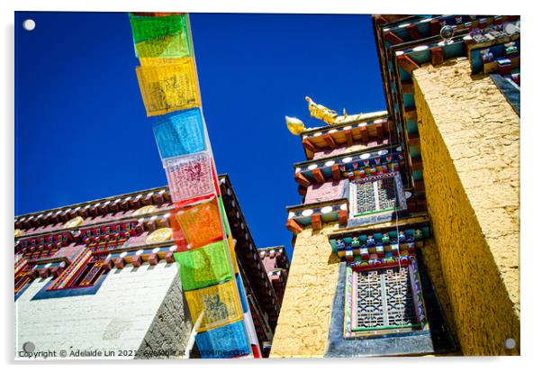 Colorful Tibetan monastery with prayer flags  Acrylic by Adelaide Lin