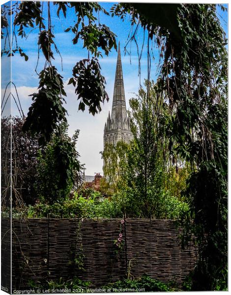 Salisbury cathedral spire Canvas Print by Les Schofield