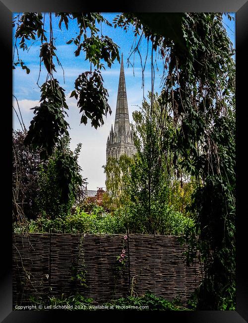 Salisbury cathedral spire Framed Print by Les Schofield