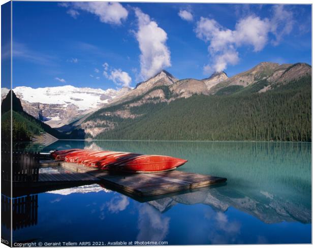 Canoes, Lake Louise, Rocky Mountains, Banff NP Alberta, Canada Canvas Print by Geraint Tellem ARPS