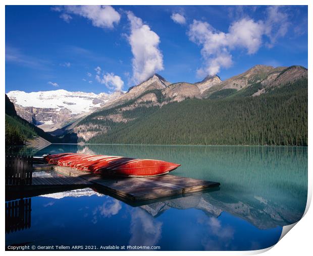 Canoes, Lake Louise, Rocky Mountains, Banff NP Alberta, Canada Print by Geraint Tellem ARPS