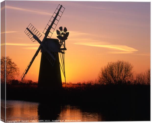 Turf Fen windmill at sunset, Norfolk Broads, England, UK Canvas Print by Geraint Tellem ARPS