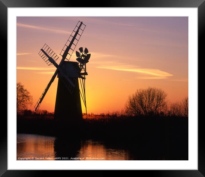 Turf Fen windmill at sunset, Norfolk Broads, England, UK Framed Mounted Print by Geraint Tellem ARPS