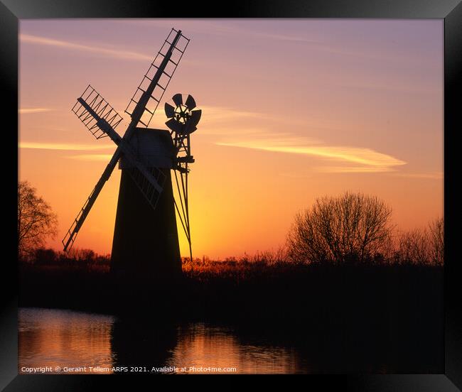 Turf Fen windmill at sunset, Norfolk Broads, England, UK Framed Print by Geraint Tellem ARPS