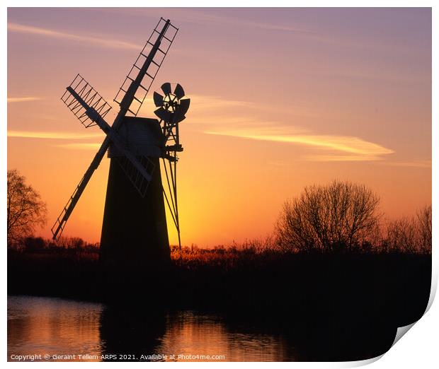 Turf Fen windmill at sunset, Norfolk Broads, England, UK Print by Geraint Tellem ARPS