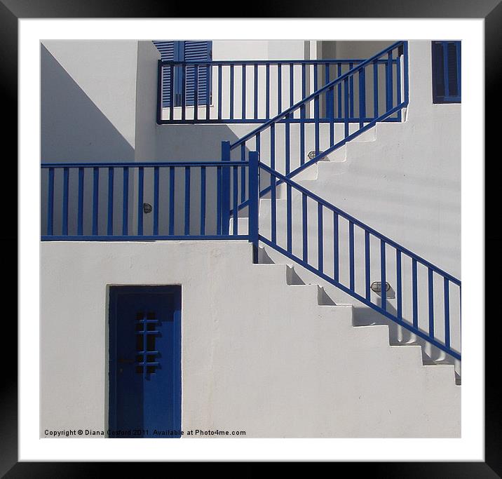 Greek Island house with blue doors & stairways, sh Framed Mounted Print by DEE- Diana Cosford