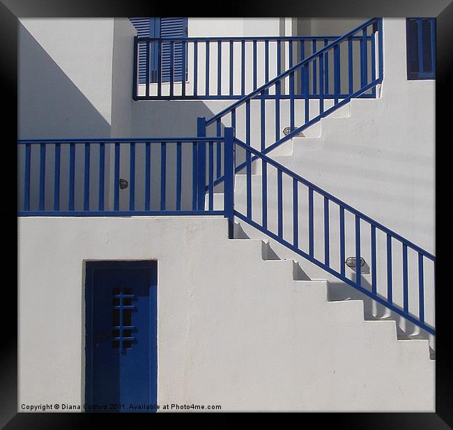 Greek Island house with blue doors & stairways, sh Framed Print by DEE- Diana Cosford