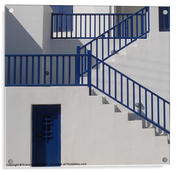 Greek Island house with blue doors & stairways, sh Acrylic by DEE- Diana Cosford