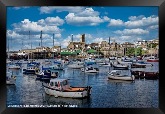 Tranquil Harbour at Penzance Framed Print by Roger Mechan