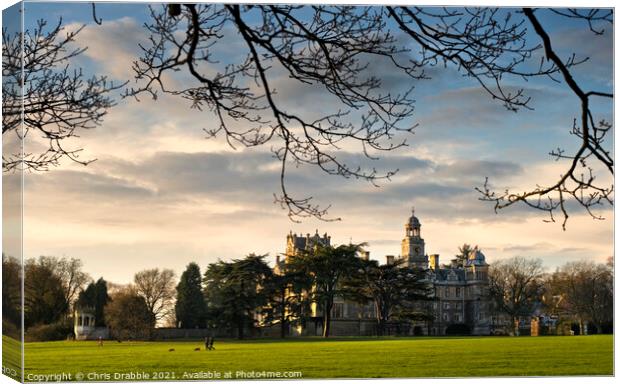 Thoresby Hall in late evening sunlight Canvas Print by Chris Drabble
