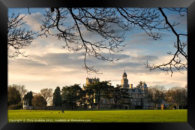 Thoresby Hall in late evening sunlight Framed Print by Chris Drabble