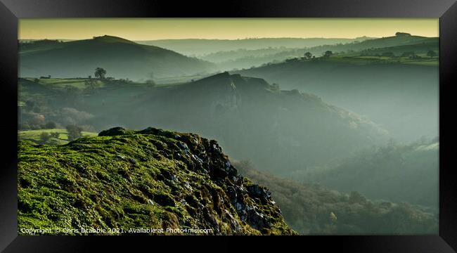 Thor's Cave from Wetton Hill in low winter light Framed Print by Chris Drabble