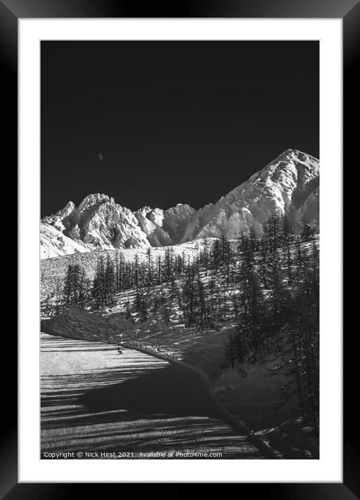 Moonlit snowboarder Framed Mounted Print by Nick Hirst