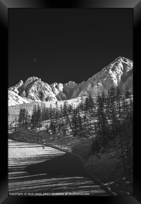 Moonlit snowboarder Framed Print by Nick Hirst