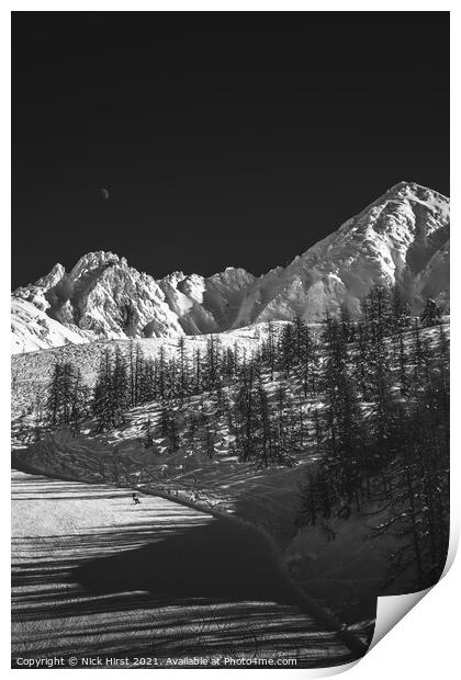 Moonlit snowboarder Print by Nick Hirst