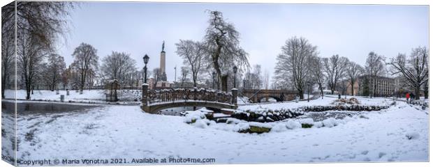 Snowy park with footbridge in winter Canvas Print by Maria Vonotna