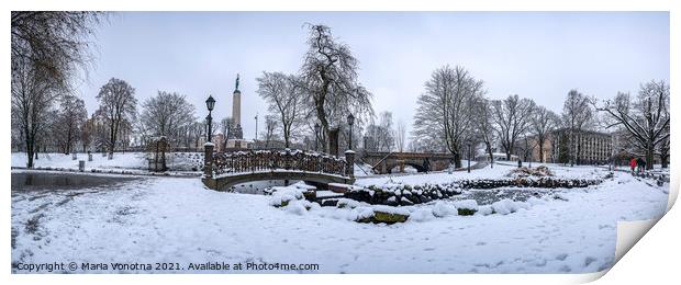 Snowy park with footbridge in winter Print by Maria Vonotna