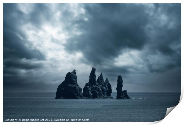 Iceland. Rocks in the ocean near Vik Print by Delphimages Art