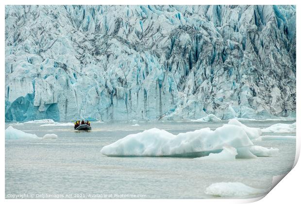 Iceland. Zodiac boat in Fjallsarlon glacier lagoon Print by Delphimages Art