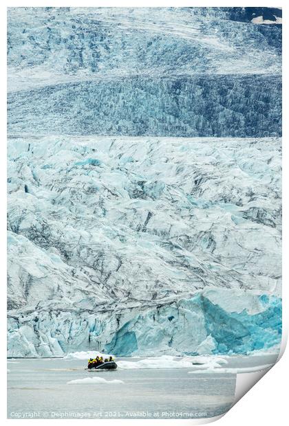 Iceland. Zodiac boat in glacier lagoon Print by Delphimages Art