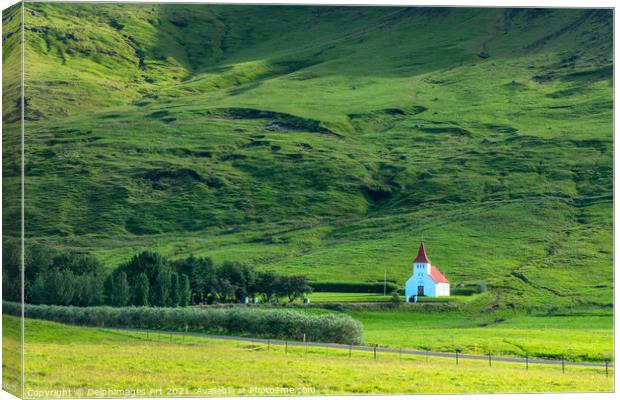 Iceland landscape. White church in the mountains Canvas Print by Delphimages Art