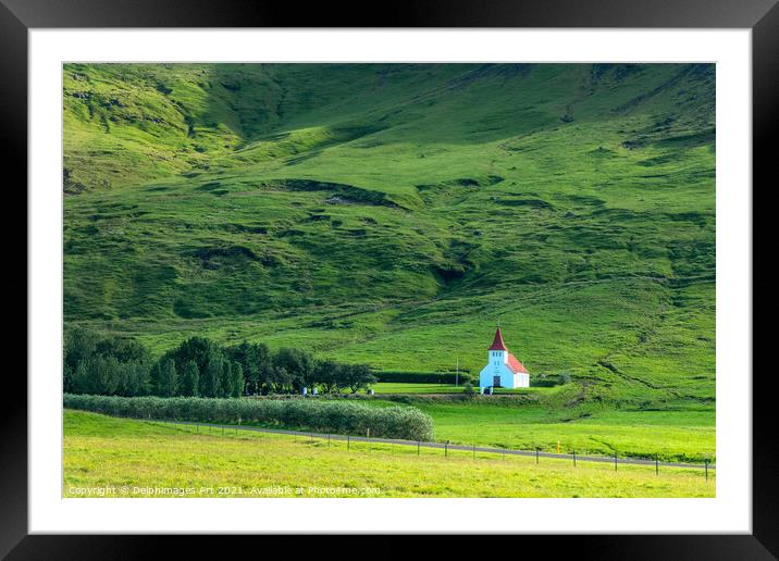 Iceland landscape. White church in the mountains Framed Mounted Print by Delphimages Art