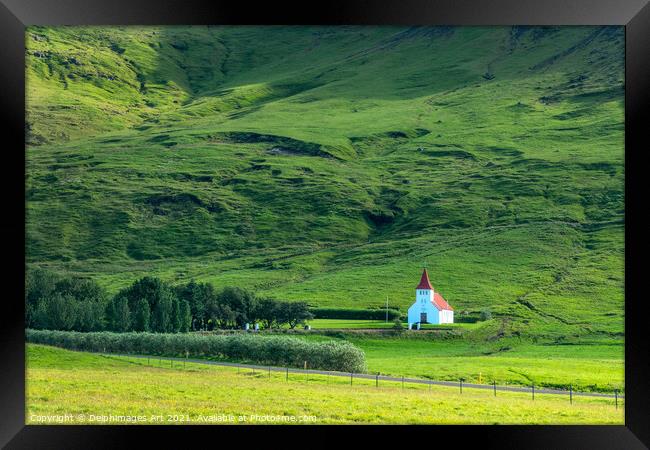 Iceland landscape. White church in the mountains Framed Print by Delphimages Art
