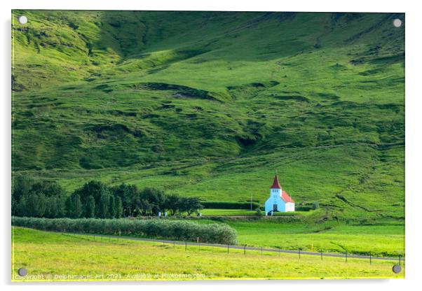 Iceland landscape. White church in the mountains Acrylic by Delphimages Art