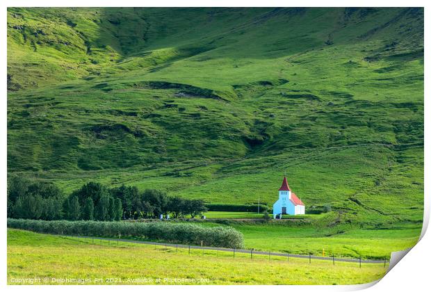 Iceland landscape. White church in the mountains Print by Delphimages Art