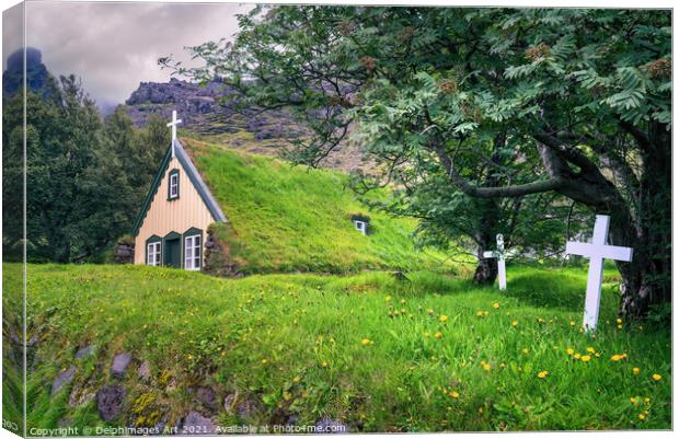 Iceland landscape. Scenic turf church in Hof Canvas Print by Delphimages Art