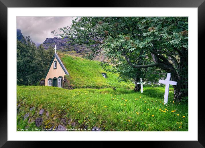 Iceland landscape. Scenic turf church in Hof Framed Mounted Print by Delphimages Art