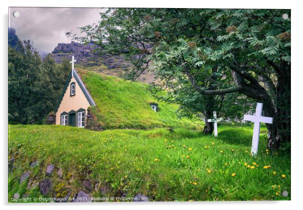 Iceland landscape. Scenic turf church in Hof Acrylic by Delphimages Art