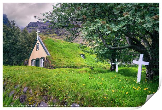 Iceland landscape. Scenic turf church in Hof Print by Delphimages Art
