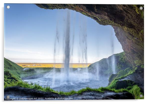 Iceland. Walking behind Seljalandsfoss waterfall Acrylic by Delphimages Art