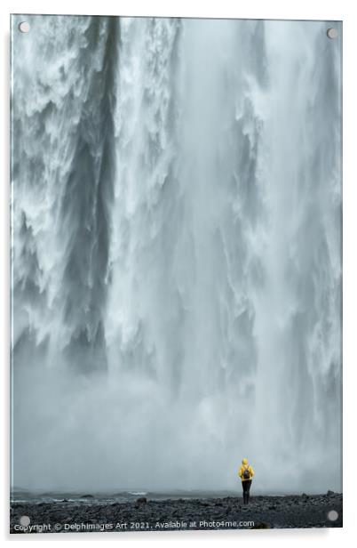 Iceland. Woman looking at Skogafoss waterfall Acrylic by Delphimages Art