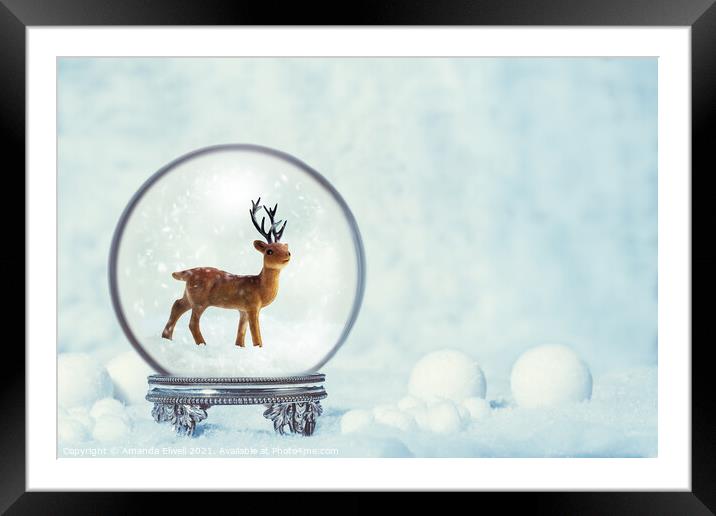 Winter Snow Globe With Reindeer Figure Framed Mounted Print by Amanda Elwell