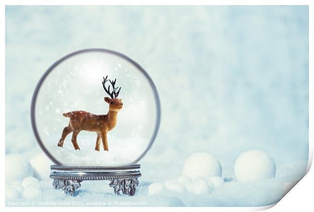 Winter Snow Globe With Reindeer Figure Print by Amanda Elwell