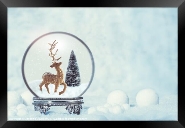 Winter Snow Globe With Reindeer Figure Framed Print by Amanda Elwell