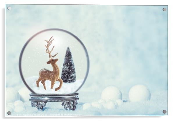 Winter Snow Globe With Reindeer Figure Acrylic by Amanda Elwell