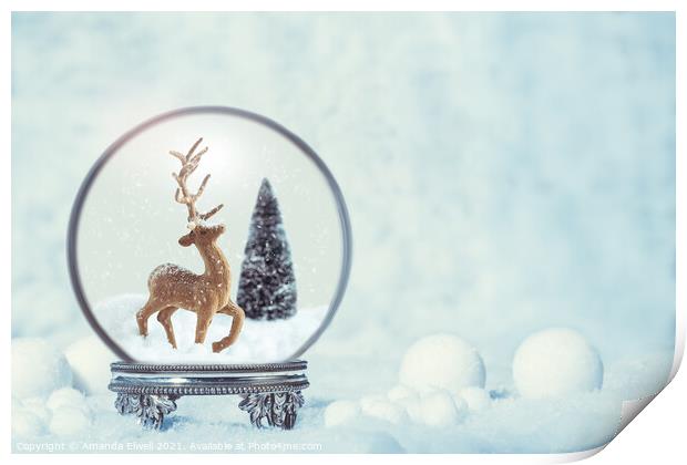 Winter Snow Globe With Reindeer Figure Print by Amanda Elwell