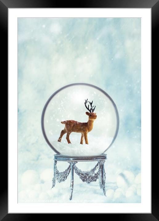 Winter Snow Globe With Reindeer Framed Mounted Print by Amanda Elwell