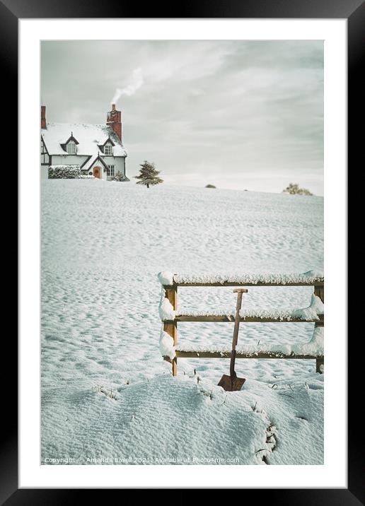 Snow Covered Fence With Shovel Framed Mounted Print by Amanda Elwell
