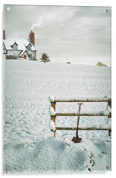Snow Covered Fence With Shovel Acrylic by Amanda Elwell