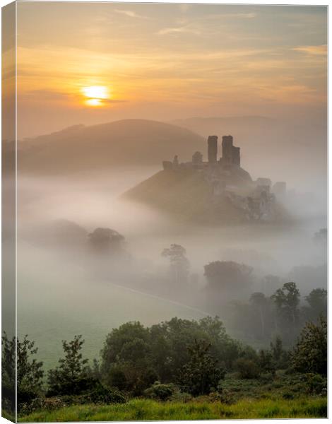 Misty Sunrise at Corfe Castle Canvas Print by David Semmens