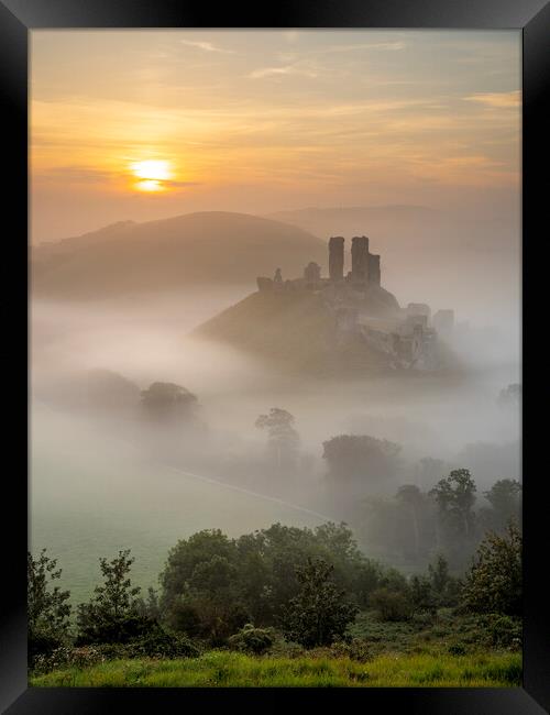 Misty Sunrise at Corfe Castle Framed Print by David Semmens