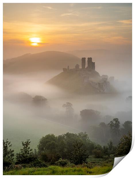 Misty Sunrise at Corfe Castle Print by David Semmens