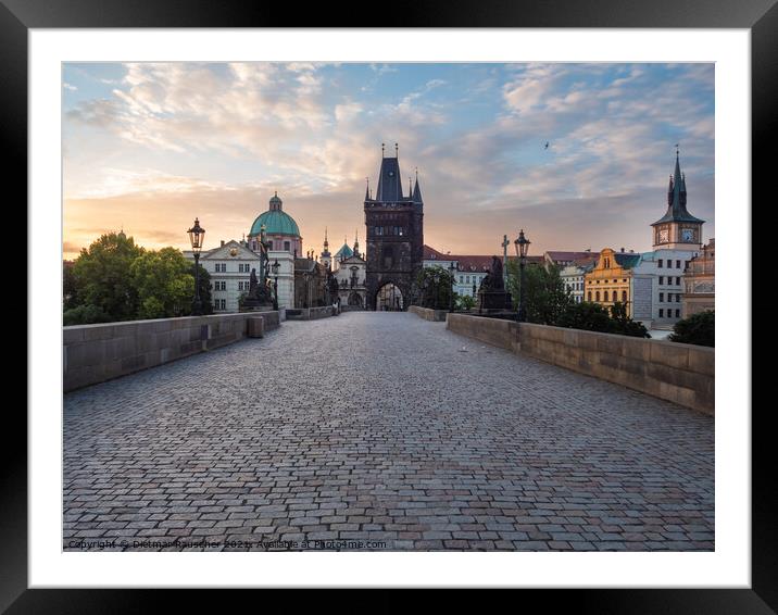 Charles Bridge in Prague at Sunrise Framed Mounted Print by Dietmar Rauscher