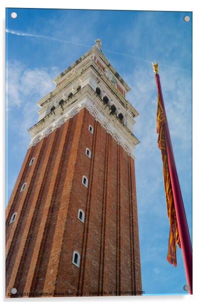 The Belltower of Saint Mark's and Venetian Flag Acrylic by Dietmar Rauscher