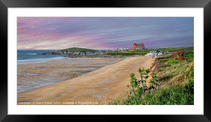 Fistral Beach and Towan head Panoramic Framed Mounted Print by Diana Mower