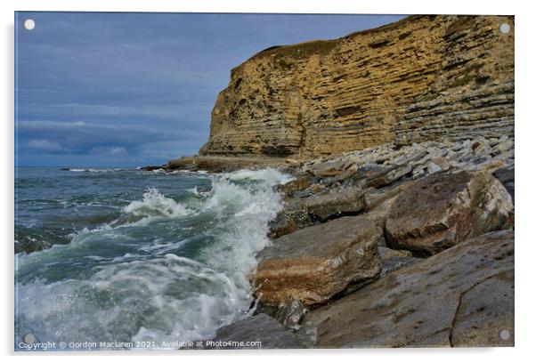 Waves crashing on on the rocks at Southerndown Acrylic by Gordon Maclaren